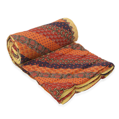 White with Multi Color Tree of Life Print 100% Cotton Hand Quilted, Hand Stitched Quilt and 2pcs Pillow Sham