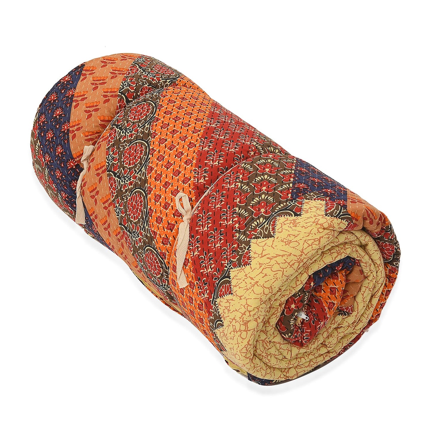 White with Multi Color Tree of Life Print 100% Cotton Hand Quilted, Hand Stitched Quilt and 2pcs Pillow Sham