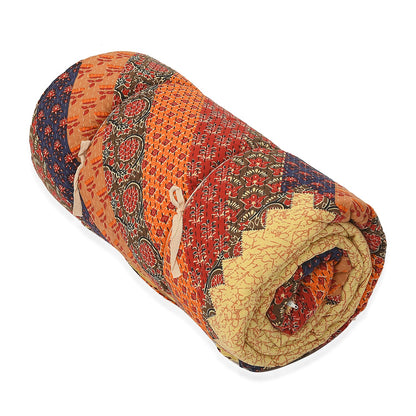 White with Multi Color Tree of Life Print 100% Cotton Hand Quilted, Hand Stitched Quilt and 2pcs Pillow Sham