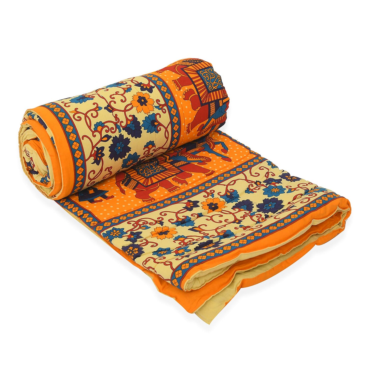 White with Multi Color Tree of Life Print 100% Cotton Hand Quilted, Hand Stitched Quilt and 2pcs Pillow Sham