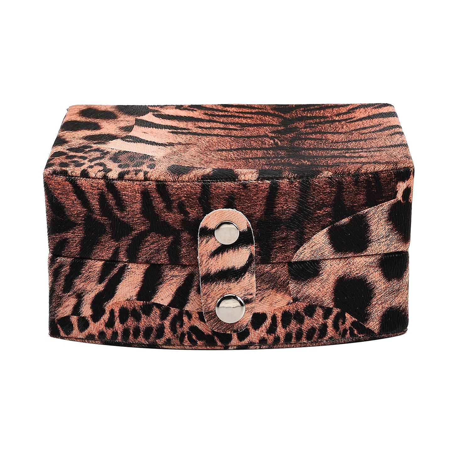 Brown Leopard Pattern Faux Leather Small Travel Jewelry Box with Button Clasp (4.6"x3.5"x2.4")