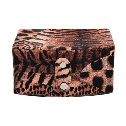 Brown Leopard Pattern Faux Leather Small Travel Jewelry Box with Button Clasp (4.6"x3.5"x2.4")