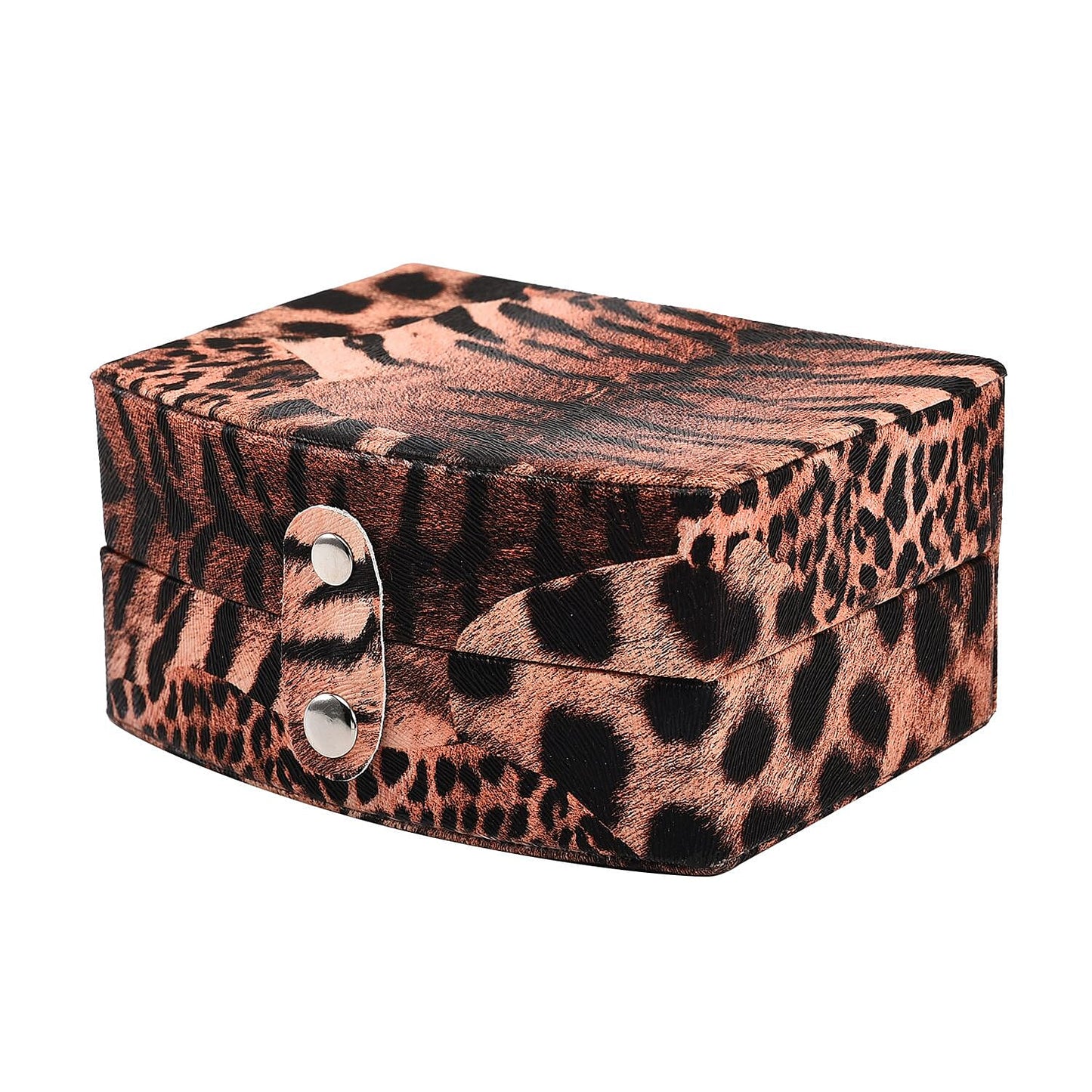 Brown Leopard Pattern Faux Leather Small Travel Jewelry Box with Button Clasp (4.6"x3.5"x2.4")