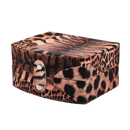 Brown Leopard Pattern Faux Leather Small Travel Jewelry Box with Button Clasp (4.6"x3.5"x2.4")