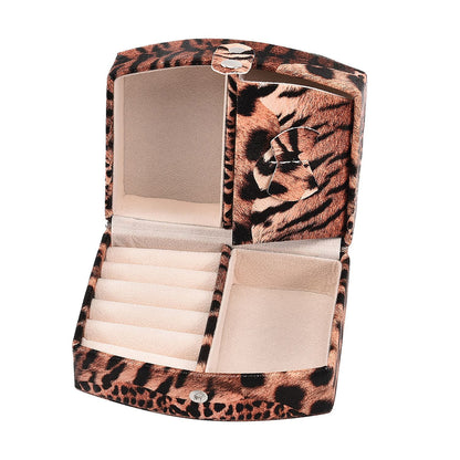 Brown Leopard Pattern Faux Leather Small Travel Jewelry Box with Button Clasp (4.6"x3.5"x2.4")