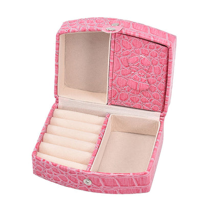 Brown Leopard Pattern Faux Leather Small Travel Jewelry Box with Button Clasp (4.6"x3.5"x2.4")