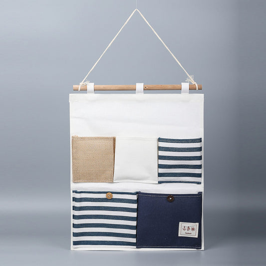 Set of 2 White & Blue Stripe Pattern Hanging Storage Bag Organizer