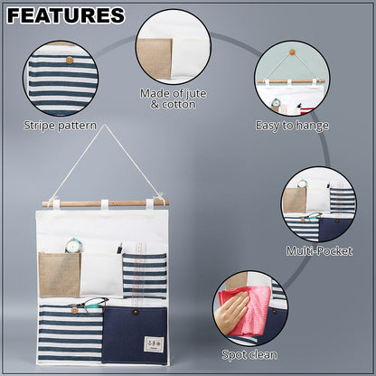 Set of 2 White & Blue Stripe Pattern Hanging Storage Bag Organizer