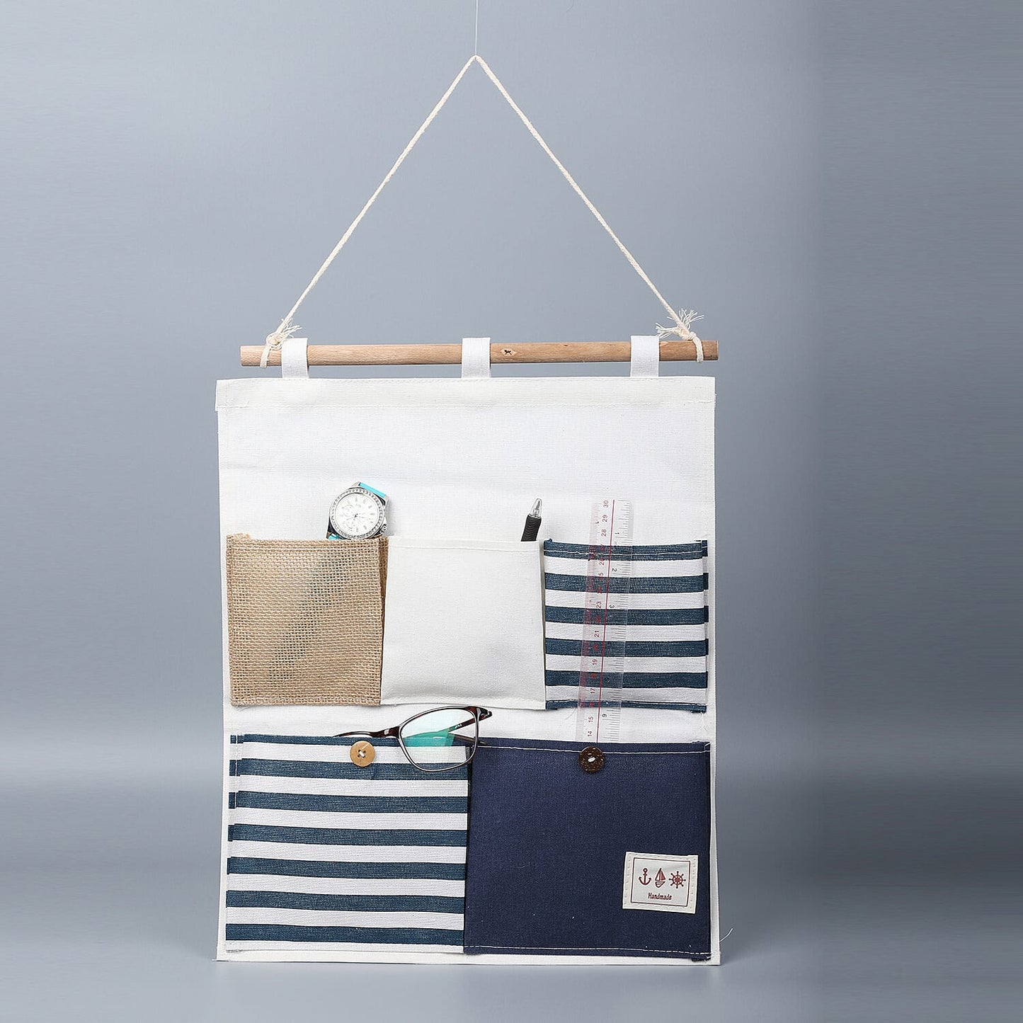 Set of 2 White & Blue Stripe Pattern Hanging Storage Bag Organizer