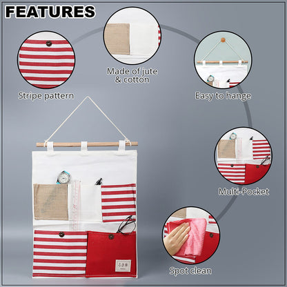 Set of 2 White & Blue Stripe Pattern Hanging Storage Bag Organizer