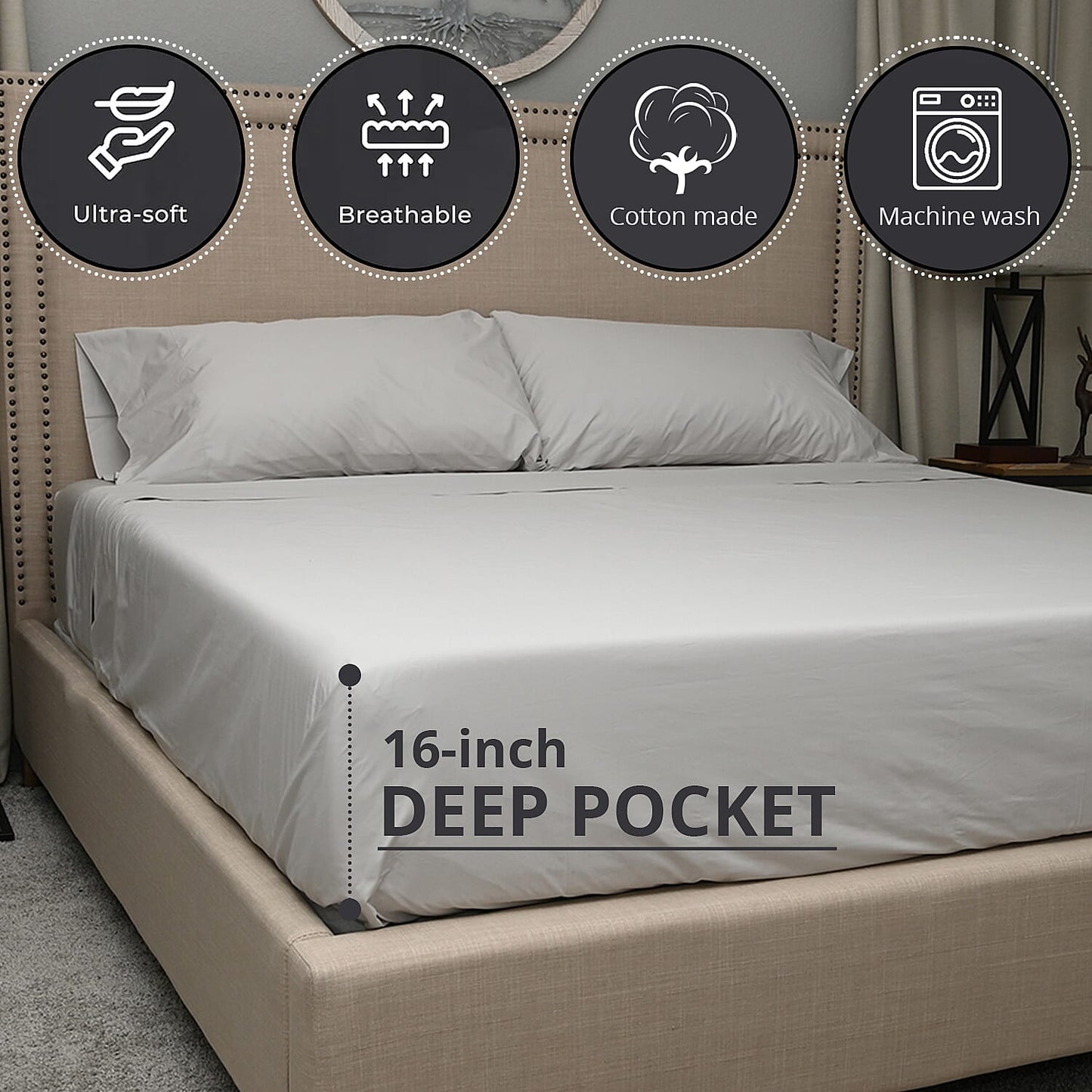 100% Organic Cotton Percale HOMESTEAD Gray 300 TC Sheet Set - California King