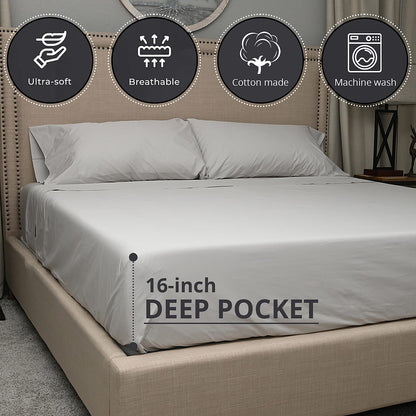 100% Organic Cotton Percale HOMESTEAD Gray 300 TC Sheet Set - California King