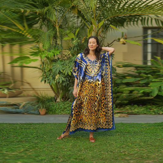 Winlar Multicolor Rose Print V-Neck Long Satin Kaftan