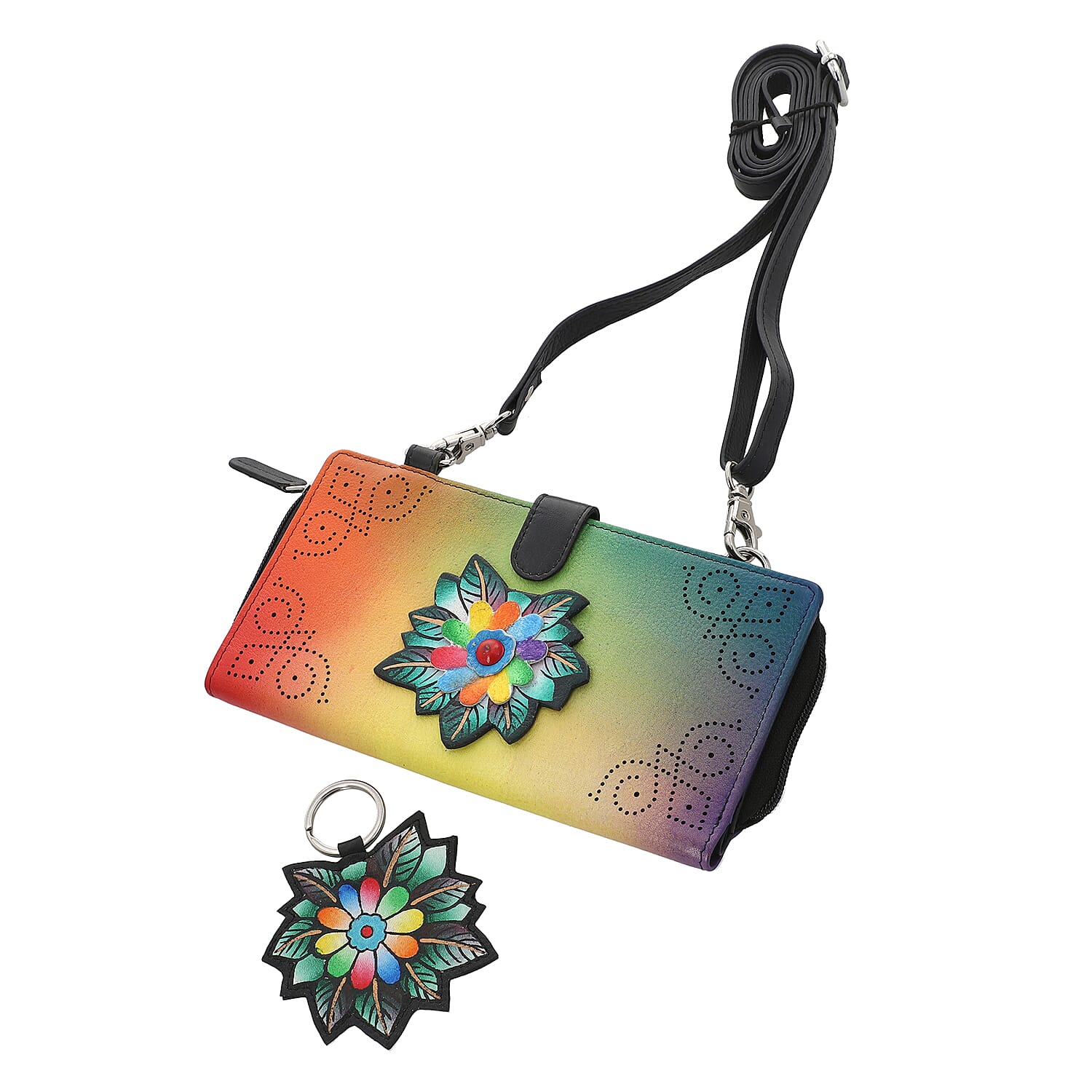 SUKRITI- Multi Color Butterfly Theme Hand Painted Genuine Leather 2in1 Crossbody Bag with Adjustable Leather Strap (8"X4.25"X1.12")