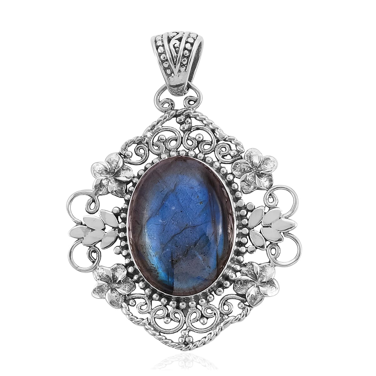 Bali Legacy Malagasy Labradorite Carved Pendant in Sterling Silver 7 Grams 20.00 ctw