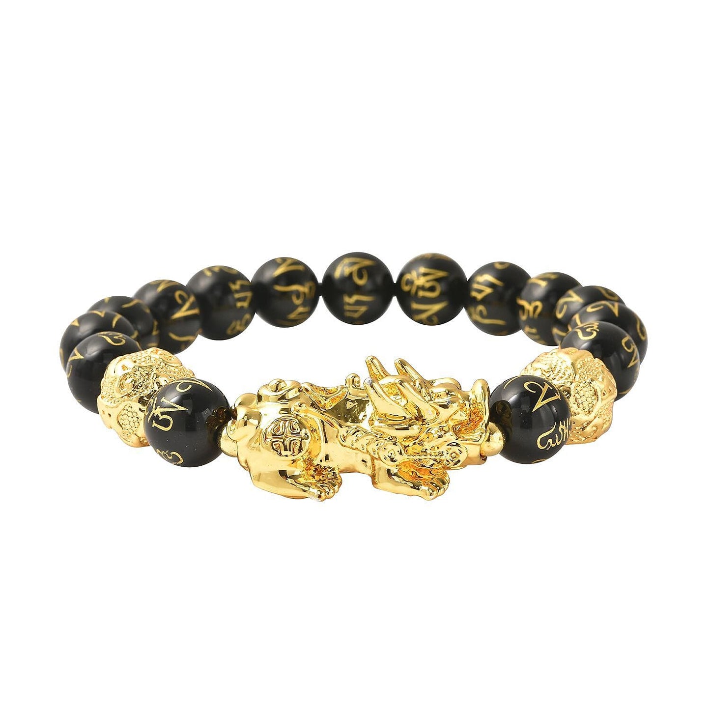 Feng Shui Black Obsidian Carved Beaded Bracelet in Goldtone 6.50 Inches 138.00 ctw