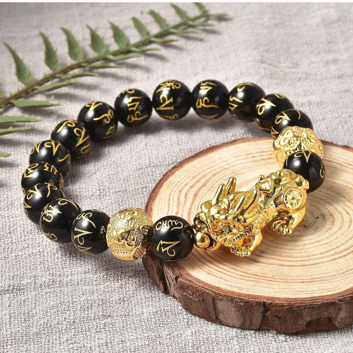 Feng Shui Black Obsidian Carved Beaded Bracelet in Goldtone 6.50 Inches 138.00 ctw