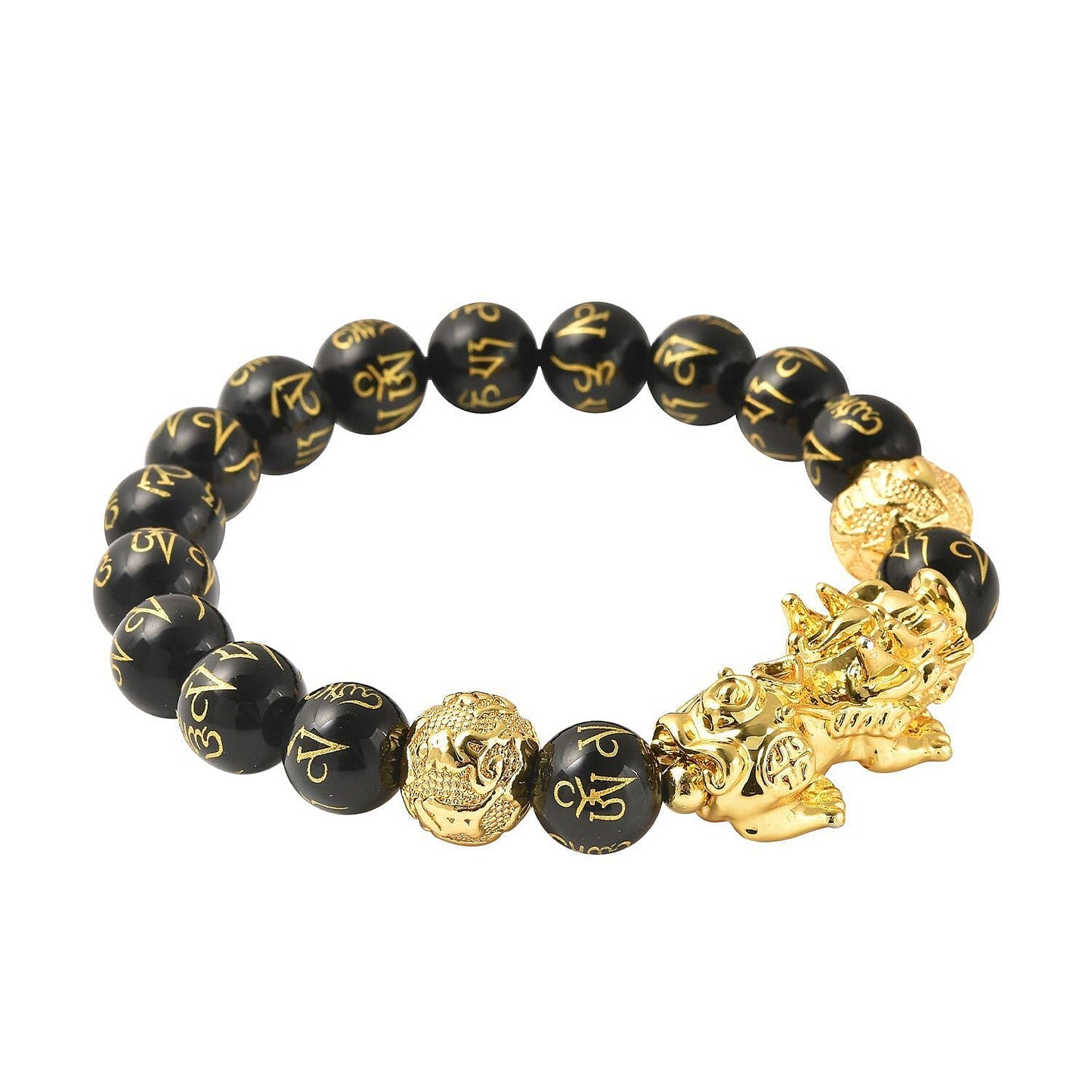 Feng Shui Black Obsidian Carved Beaded Bracelet in Goldtone 6.50 Inches 138.00 ctw