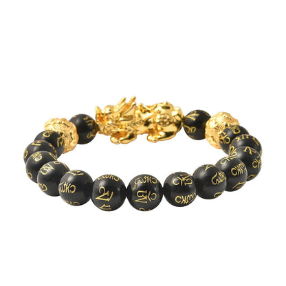 Feng Shui Black Obsidian Carved Beaded Bracelet in Goldtone 6.50 Inches 138.00 ctw