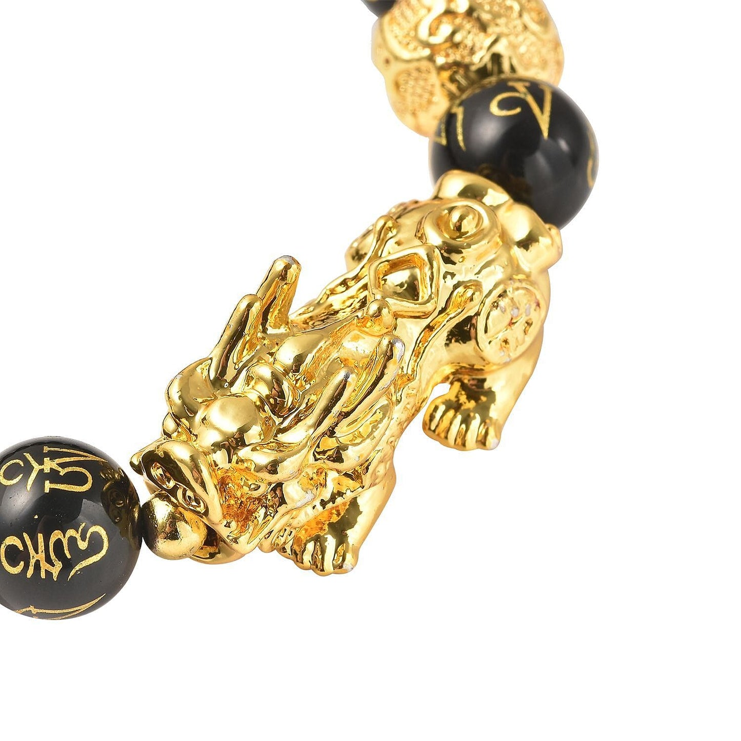 Feng Shui Black Obsidian Carved Beaded Bracelet in Goldtone 6.50 Inches 138.00 ctw