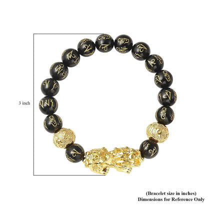 Feng Shui Black Obsidian Carved Beaded Bracelet in Goldtone 6.50 Inches 138.00 ctw