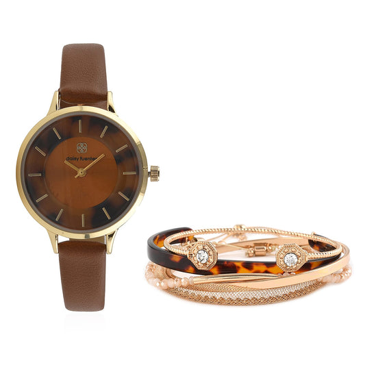 DAISY FUENTES 6pc Watch Set with Brown Vegan Leather Strap & Matching Bracelets (32mm)