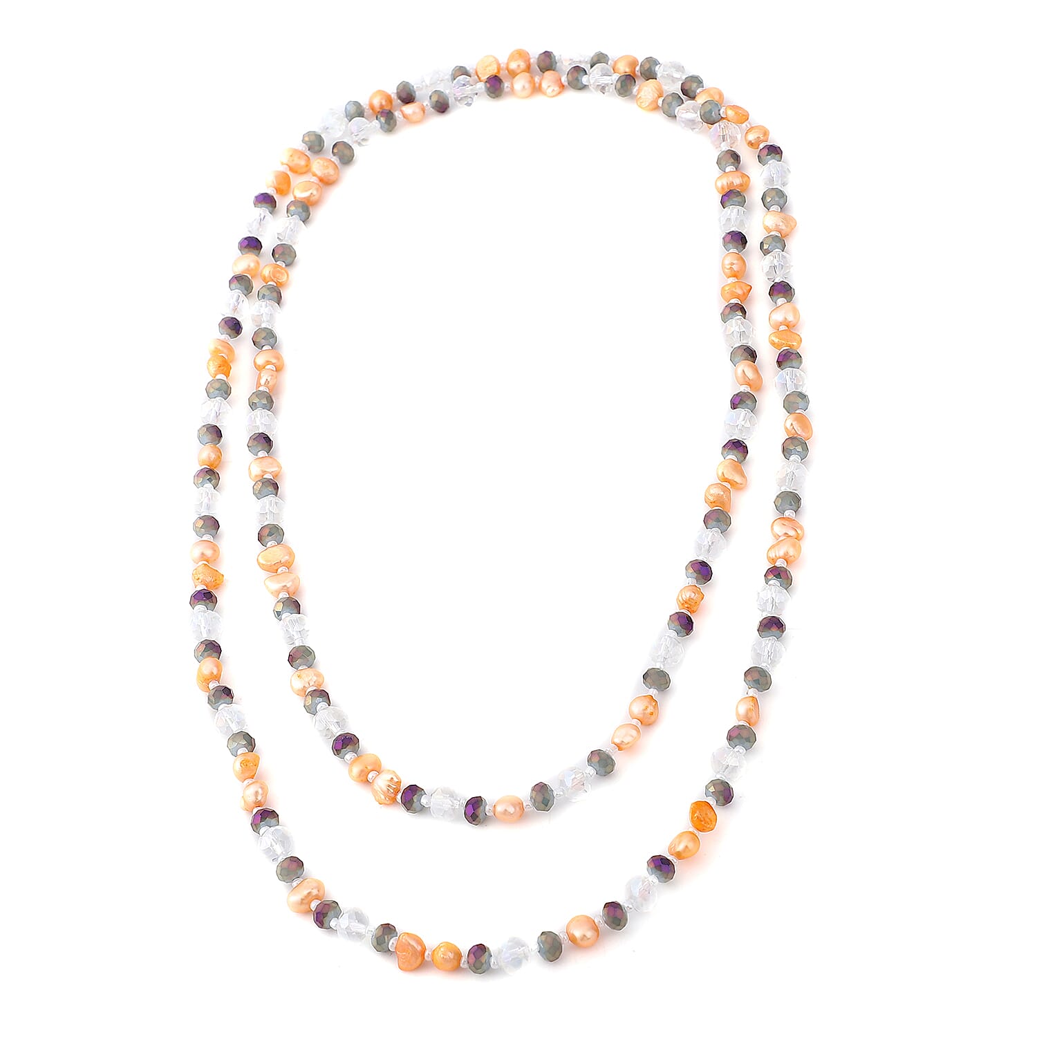 Peach Fresh Water Cultured Pearl and Simulated Multi Color Quartz Beaded Endless Necklace 48 Inches
