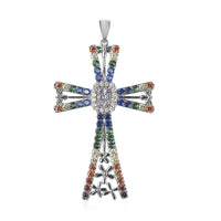 Simulated Multi Color Diamond Cross Pendant in Silvertone 4.25 ctw