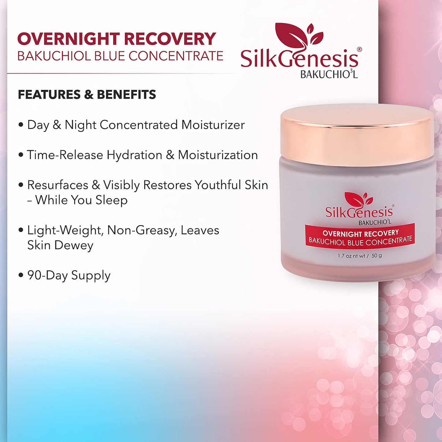 Silk Genesis Bakuchiol O3 Beauty Overnight Recovery Moisturizer 1.7oz (Made in USA)