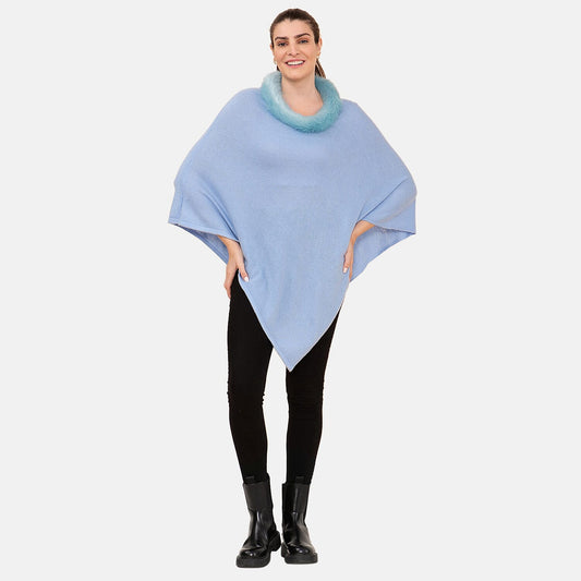 LA MAREY Cashmere Wool Black Designer Poncho with Faux Fur Trim (One Size Fits Most, 28"x28")