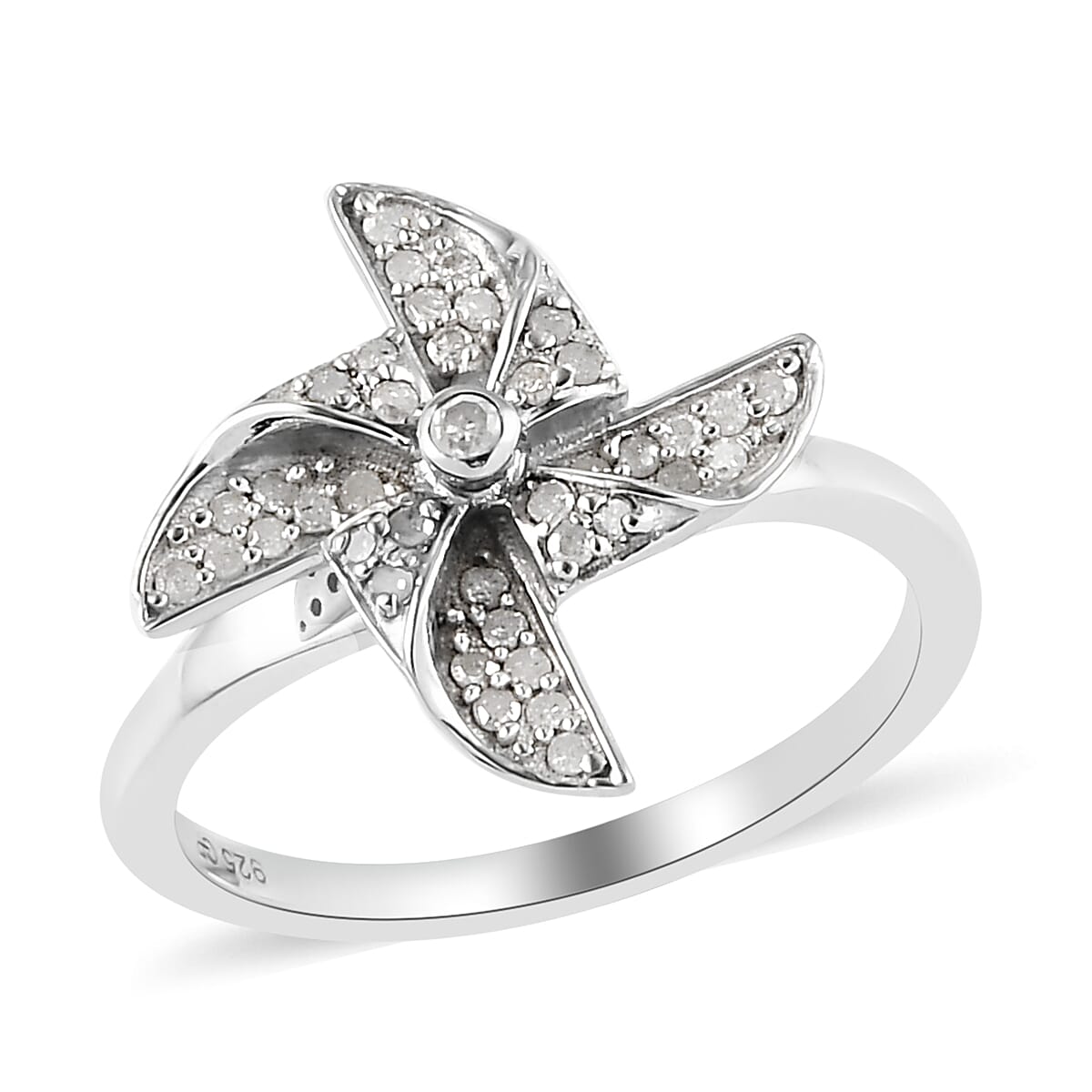 GP Diamond Floral Spinner Ring in Platinum Over Sterling Silver 0.25 ctw
