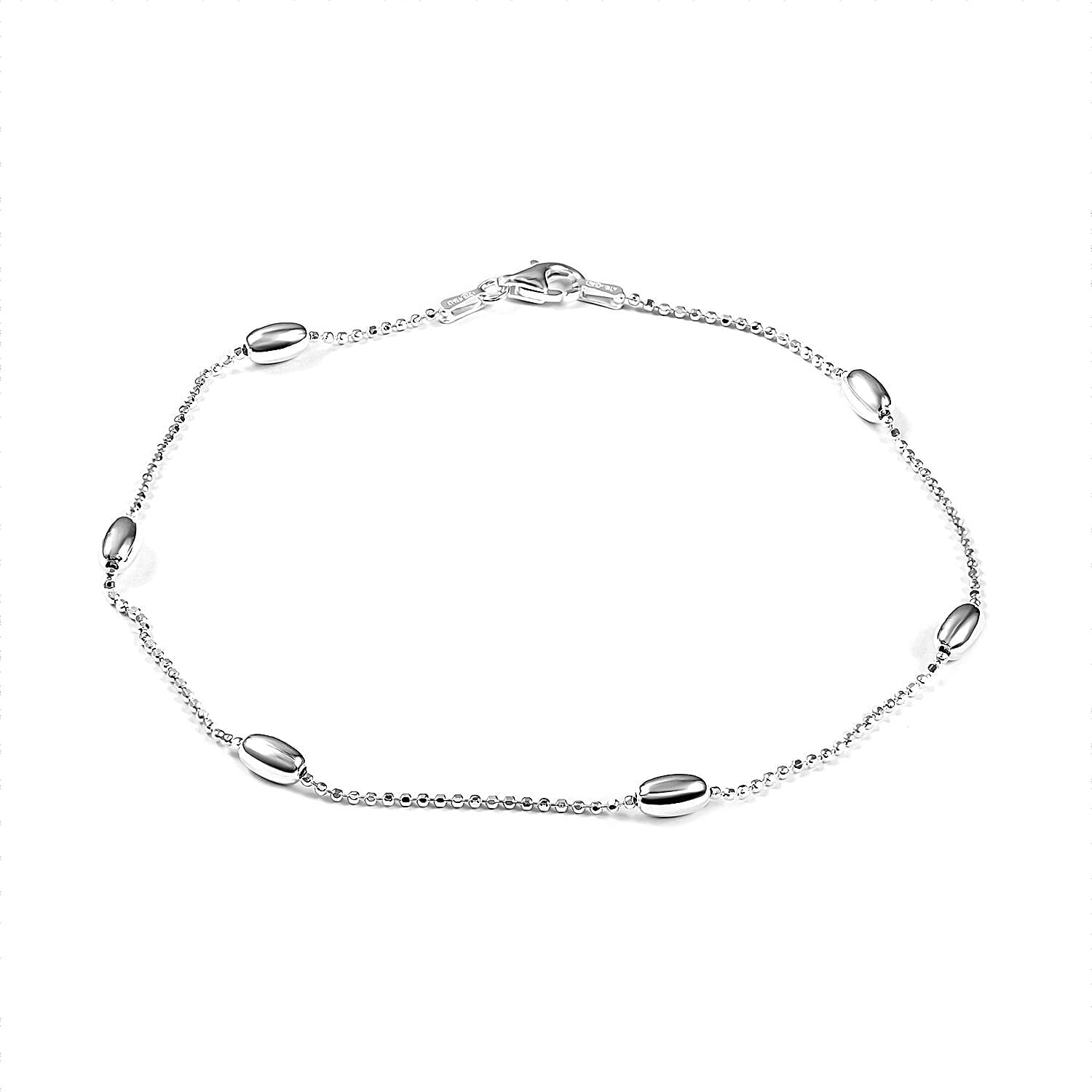 Italian Sterling Silver 3.85mm Diamond Cut Oval Station Beaded Anklet (10 in) 2.90 Grams