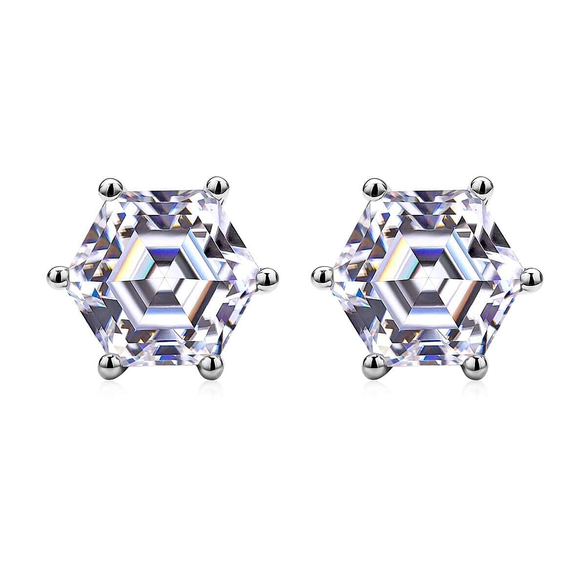 Hexagonal Cut Moissanite Solitaire Stud Earrings in Rhodium Over Sterling Silver 2.15 ctw