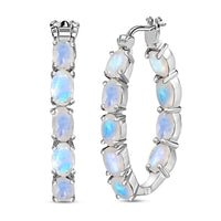 Premium Rainbow Moonstone, Diamond Accent Inside Out Hoop Earrings in Platinum Over Sterling Silver, Birthday Gifts For Her 8.25 ctw