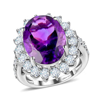 Amethyst and Natural White Zircon Halo Ring in Platinum Over Sterling Silver (Size 10.0) 11.50 ctw