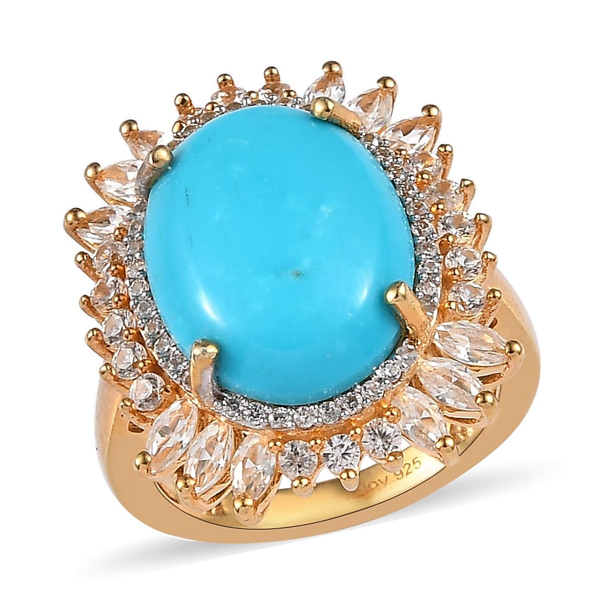 Premium AMERICAN Natural Sleeping Beauty Turquoise and White Zircon Halo Ring in Vermeil Yellow Gold Over Sterling Silver (Size 10.0) 9.40 ctw