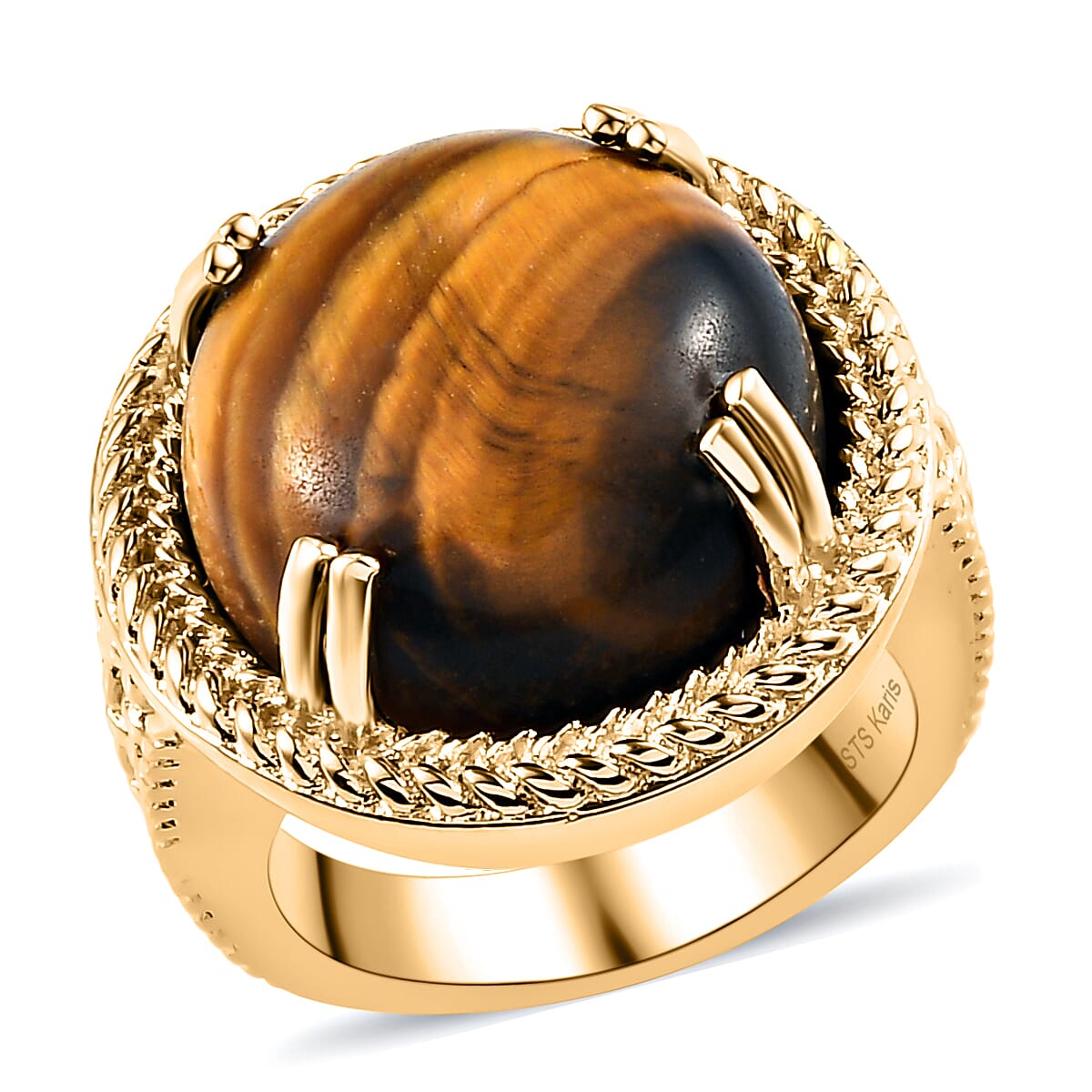 KARIS South African Tiger's Eye Solitaire Ring in ION Plated 18K YG (Size 10.0) 12.25 ctw