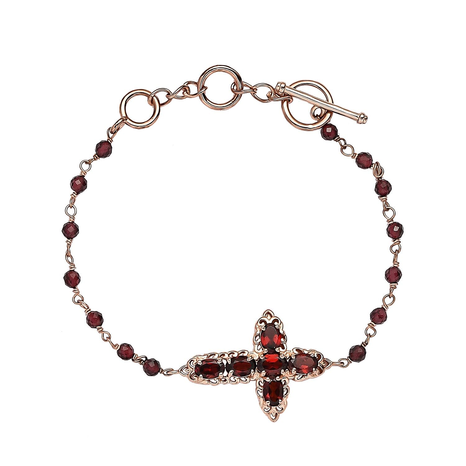 KARIS Mozambique Garnet Cross Adjustable Bracelet (6.50-8In) with Toggle Clasp in 18K Rose Gold Plated 9.90 ctw