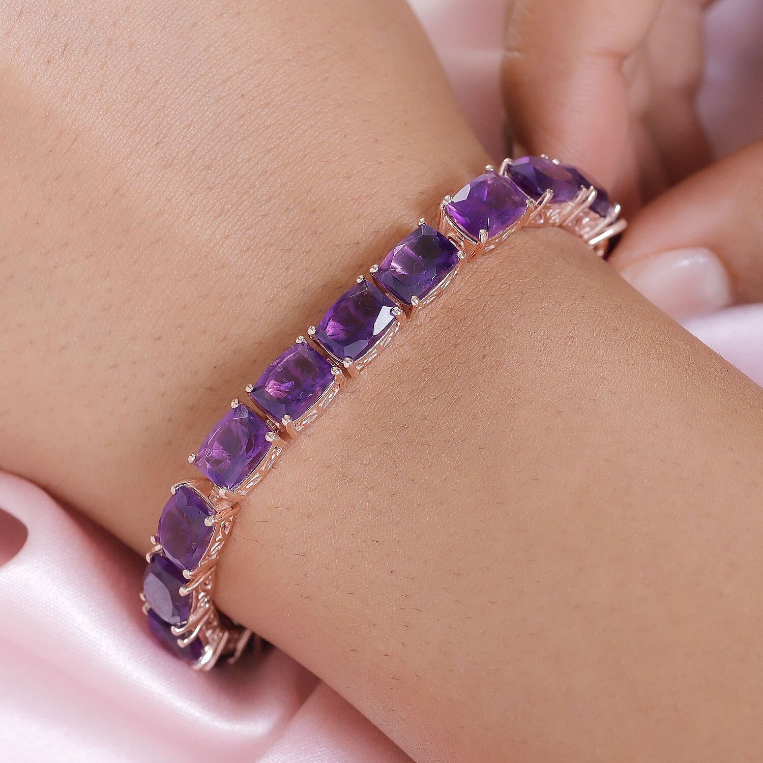 AAA Amethyst and Natural Champagne Diamond Tennis Bracelet in Vermeil Rose Gold Over Sterling Silver (6.50 In) 12.55 Grams 24.85 ctw (3)
