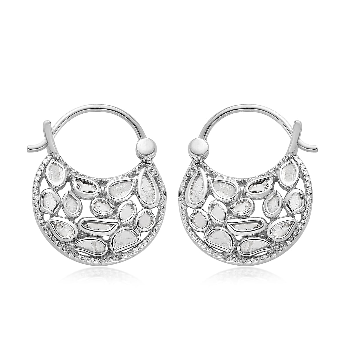 Artisan Crafted Polki Diamond Hanging Earrings in Platinum Over Sterling Silver 1.00 ctw