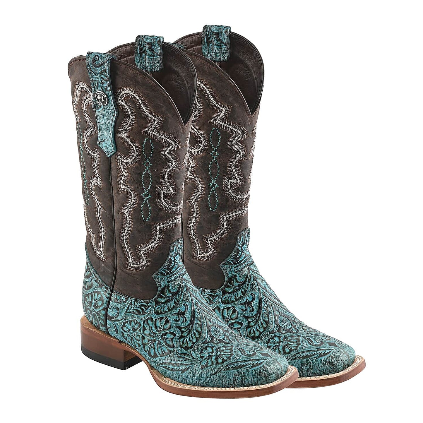 TANNER MARK Turquoise Tooled Saddle Stamp Square Toe Boot 6.5