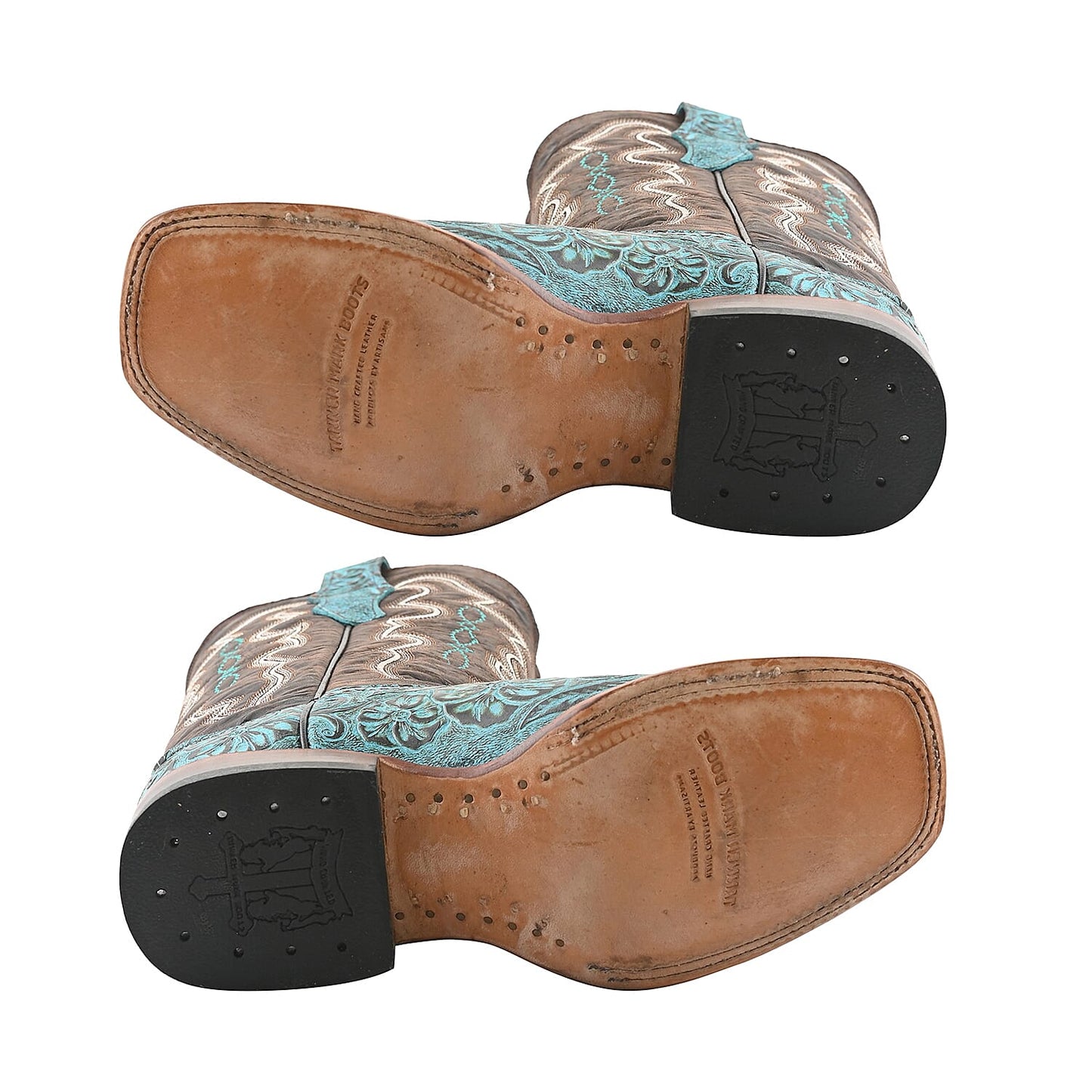 TANNER MARK Turquoise Tooled Saddle Stamp Square Toe Boot 6.5