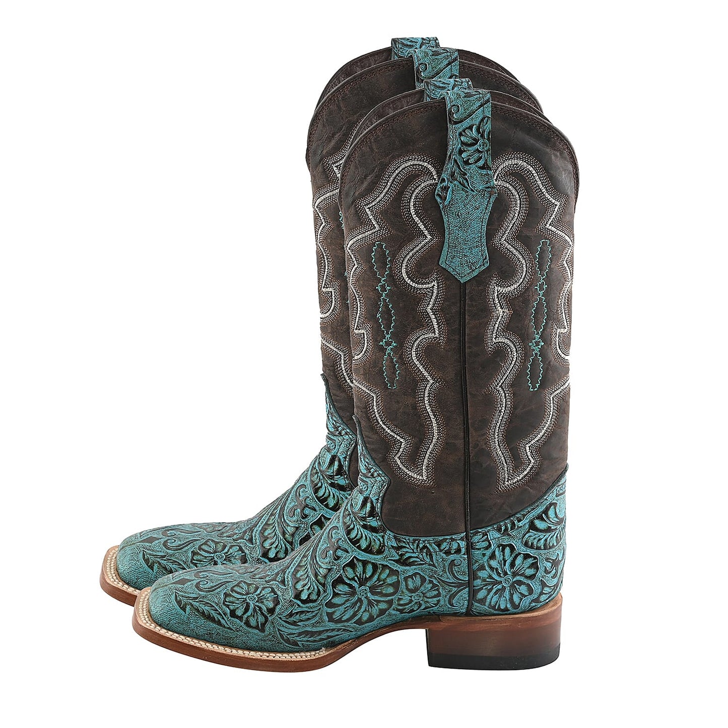 TANNER MARK Turquoise Tooled Saddle Stamp Square Toe Boot 6.5