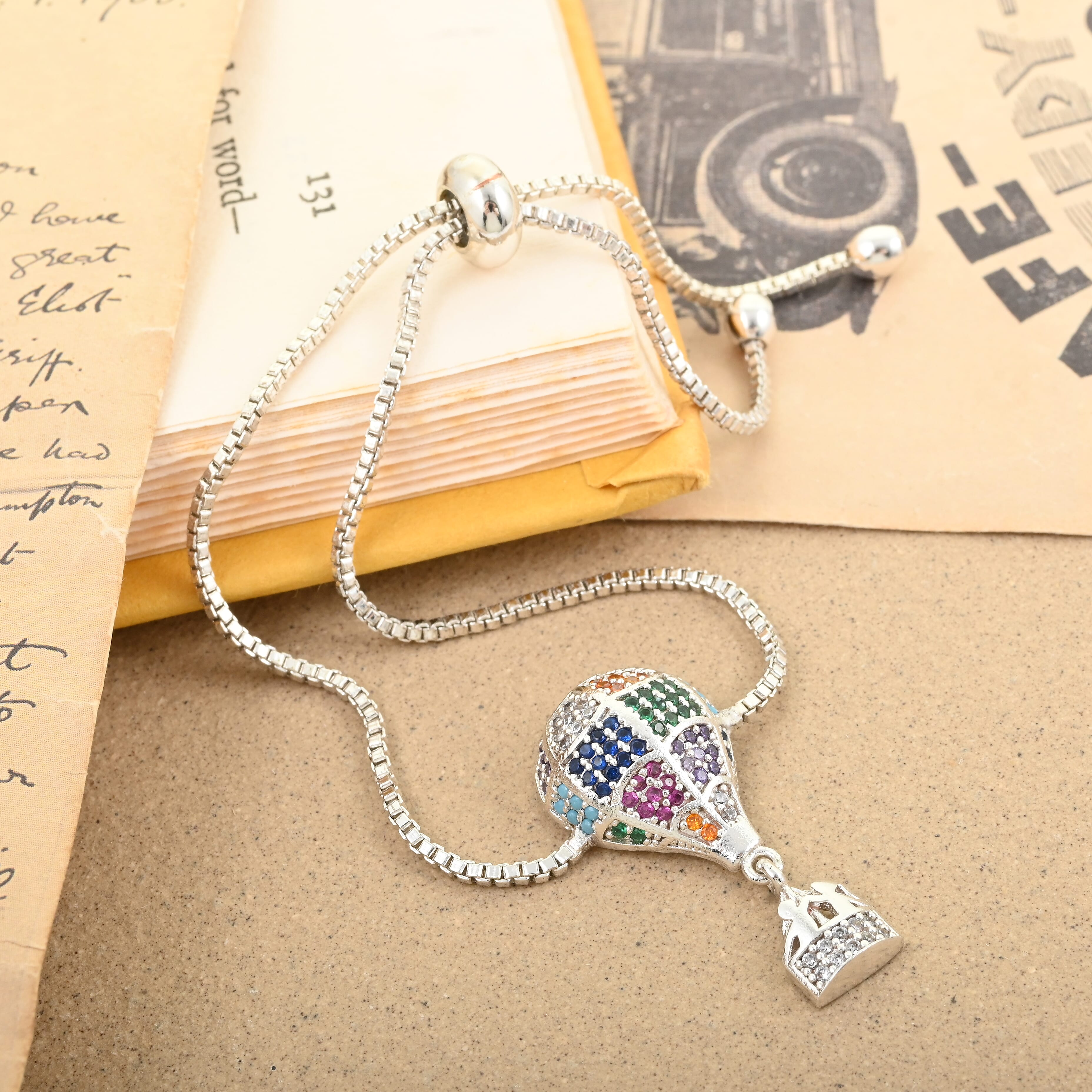 Mosaic Style Multi Color Zircon Air Balloon Bolo Bracelet in Silvertone