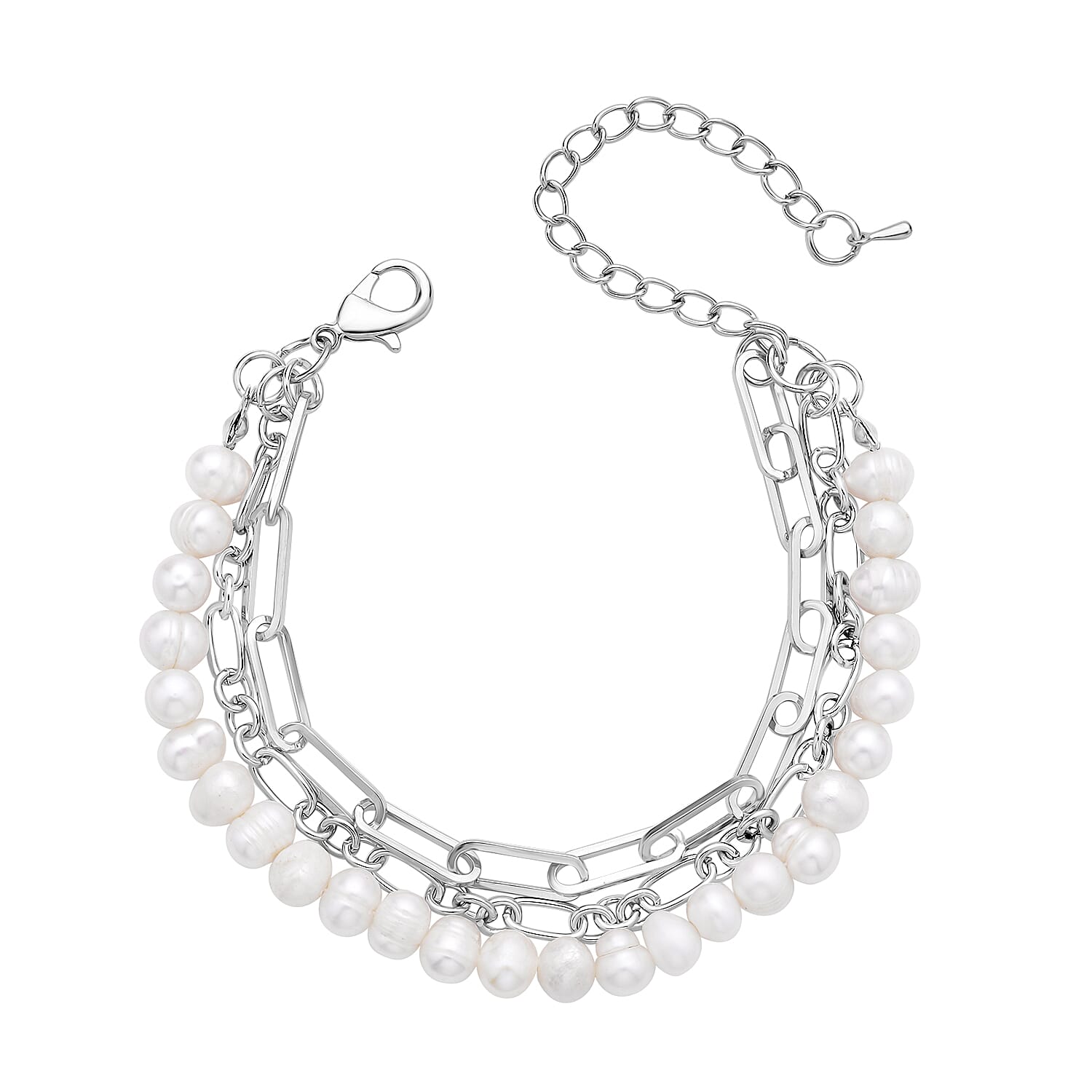 White Freshwater Pearl Three Layers (Beaded, Paper Clip and Figaro Chain) Bracelet in Silvertone (7.50-950In)