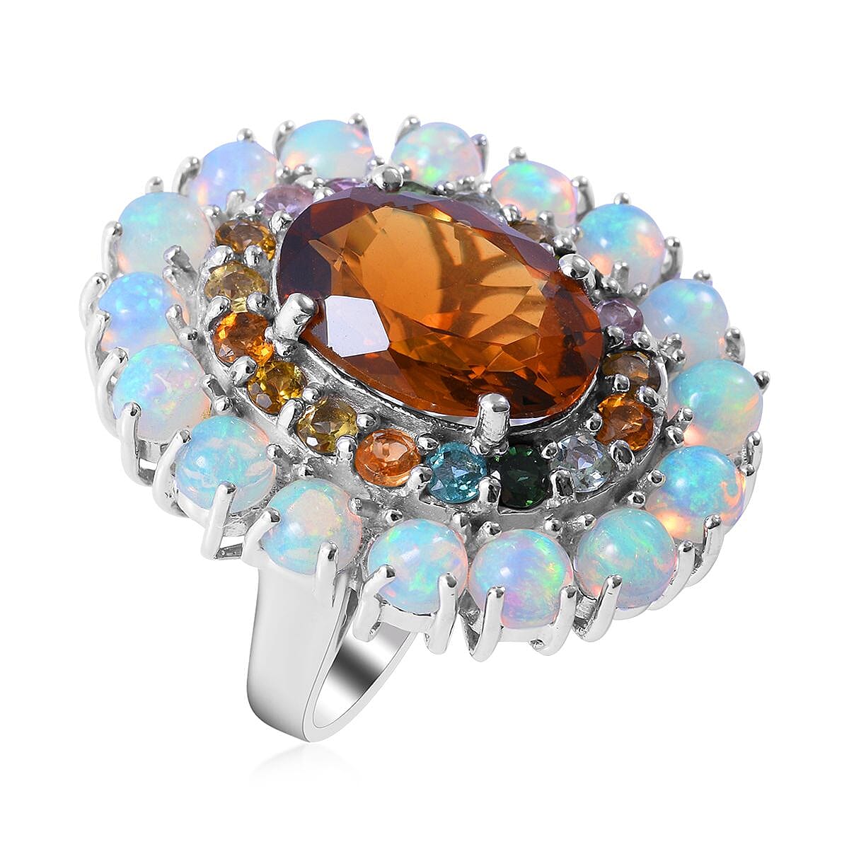 Santa Ana Madeira Citrine and Multi Gemstone Double Halo Ring in Platinum Over Sterling Silver 9.60 ctw