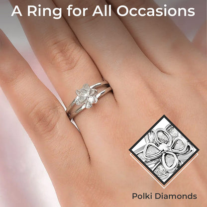 Doorbuster Polki Diamond Flower Ring in Sterling Silver (Size 10.0) 0.25 ctw
