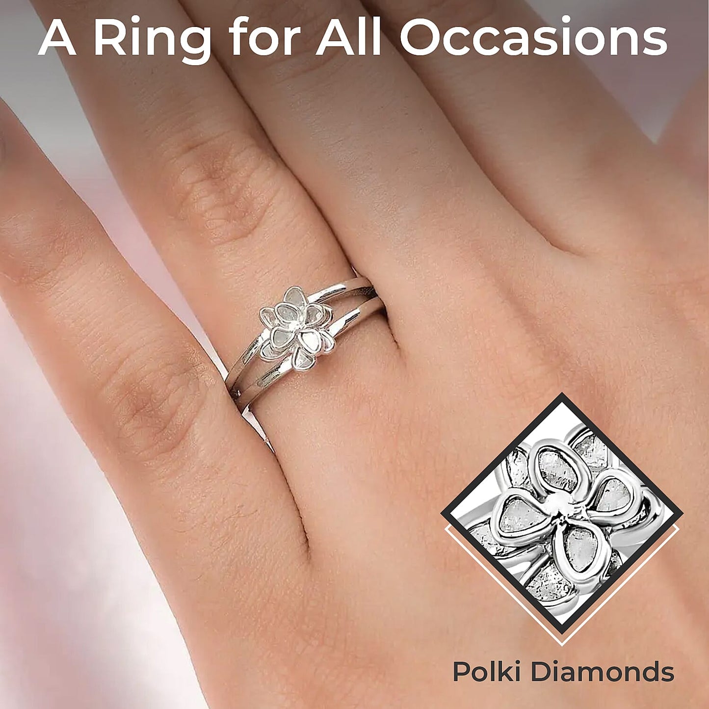 Doorbuster Polki Diamond Flower Ring in Sterling Silver (Size 10.0) 0.25 ctw