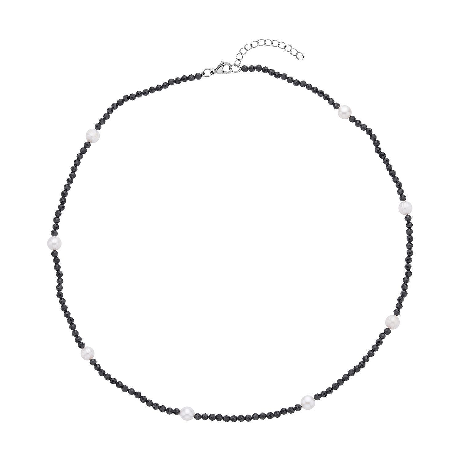 Thai Black Spinel, Freshwater Pearl Necklace (18-20 Inches) in Stainless Steel 63.00 ctw , Tarnish-Free, Waterproof, Sweat Proof Jewelry