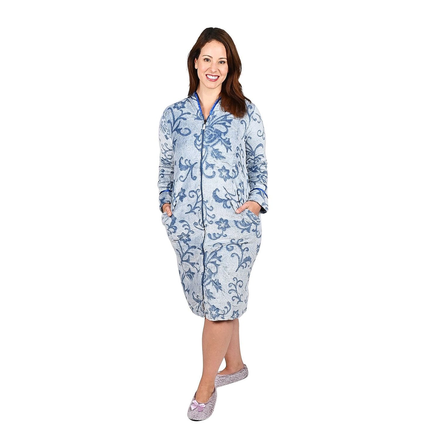 LATI FASHIONS Blue Burnout Floral Zipper Front Robe-L